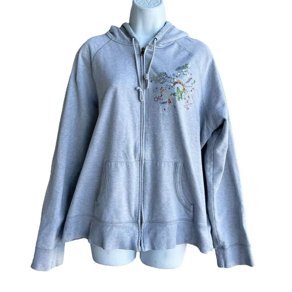 Old Navy Women's Hoodie Jacket 2XL Gray Sequins Embroidered Full Zip